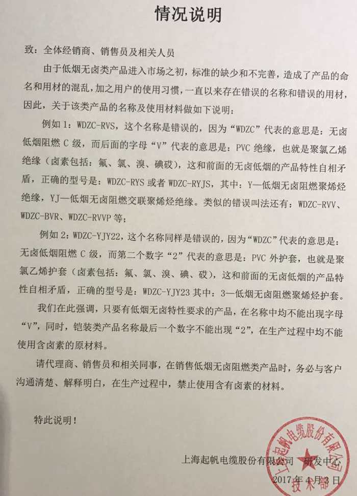 關于低煙無鹵類電線電纜產品 正確使用名稱的說明